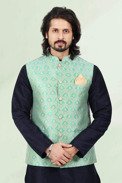 Pista Green Colour Jacquard Banarasi Silk Woven Work Kurta Pajama With Jacket