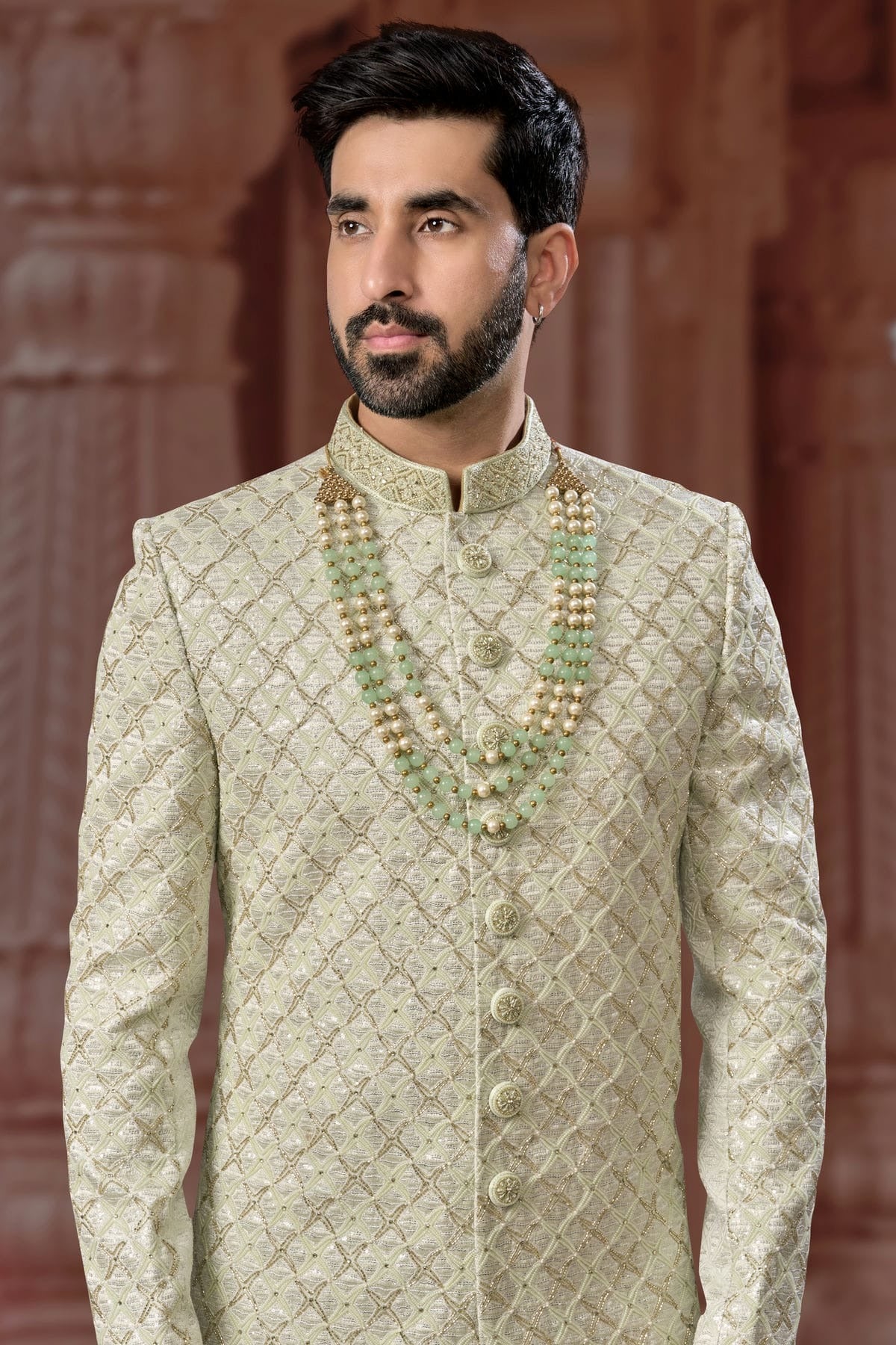 Pista Green Colour Jacquard Sherwani SH1040579 A