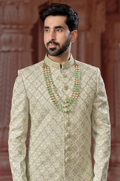 Pista Green Colour Jacquard Sherwani SH1040579 A