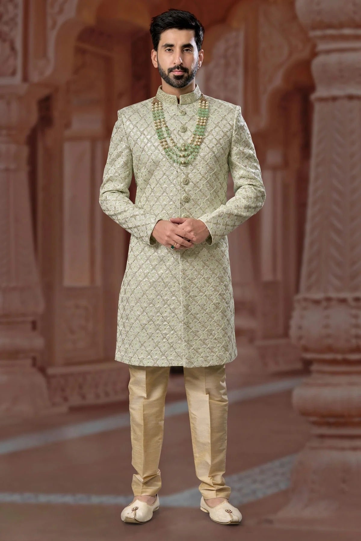 Pista Green Colour Jacquard Sherwani SH1040579