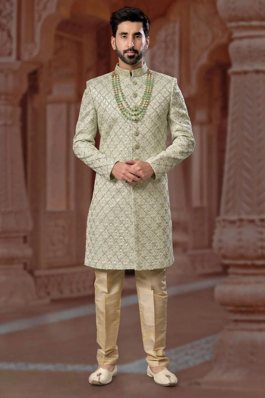 Pista Green Colour Jacquard Sherwani SH1040579