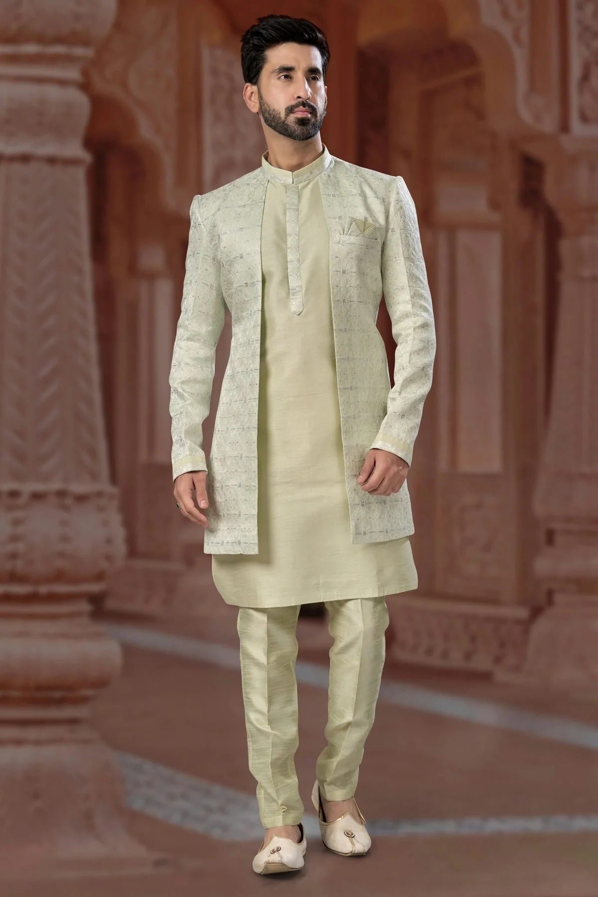 Pista Green Colour Jacquard and Silk Dhupion Sherwani SH1040570
