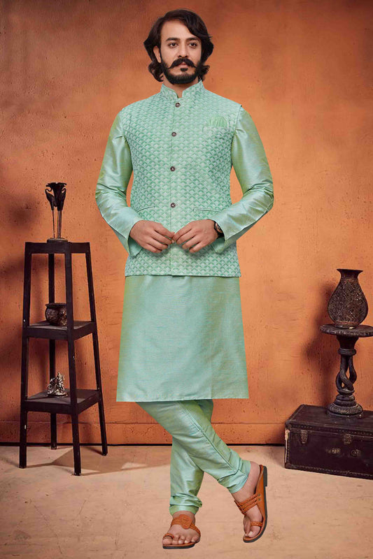 Pista Green Colour Kurta Pajama With Jacket In Art Silk KP1210290