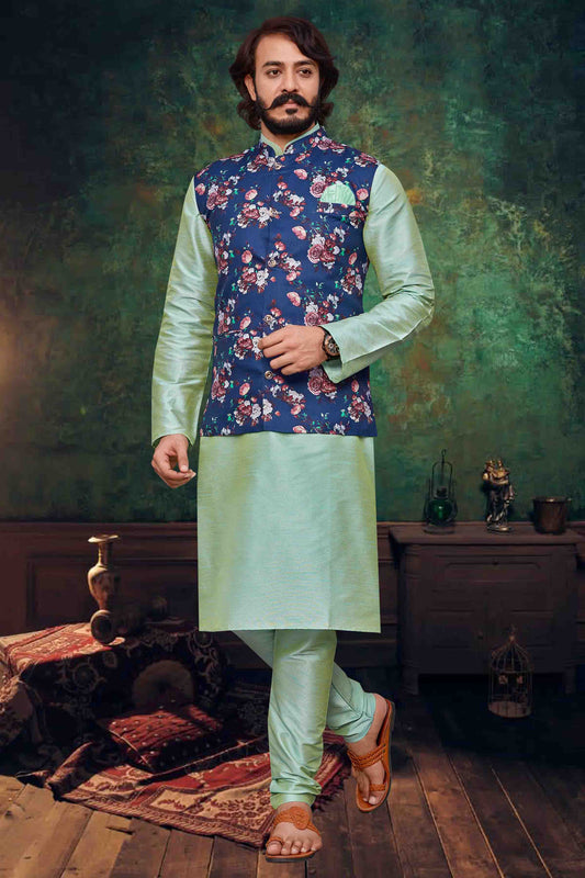 Pista Green Colour Kurta Pajama With Jacket In Art Silk KP1210315