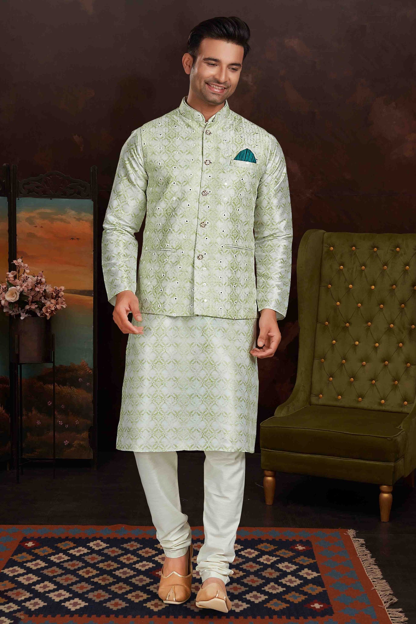 Pista Green Colour Kurta Pajama With Jacket In Malai Silk KP1210438 A
