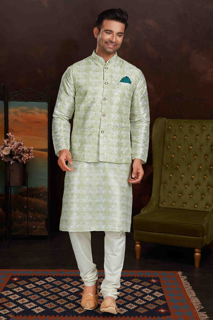 Pista Green Colour Kurta Pajama With Jacket In Malai Silk KP1210438 A