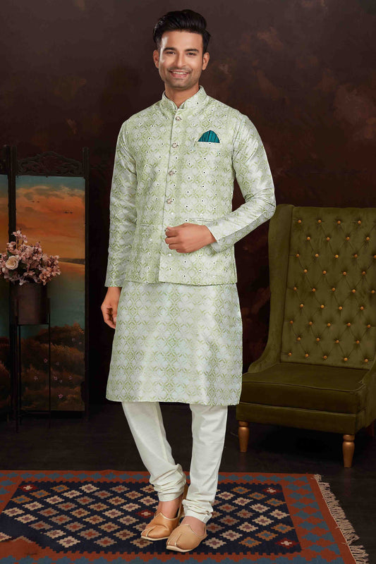 Pista Green Colour Kurta Pajama With Jacket In Malai Silk KP1210438
