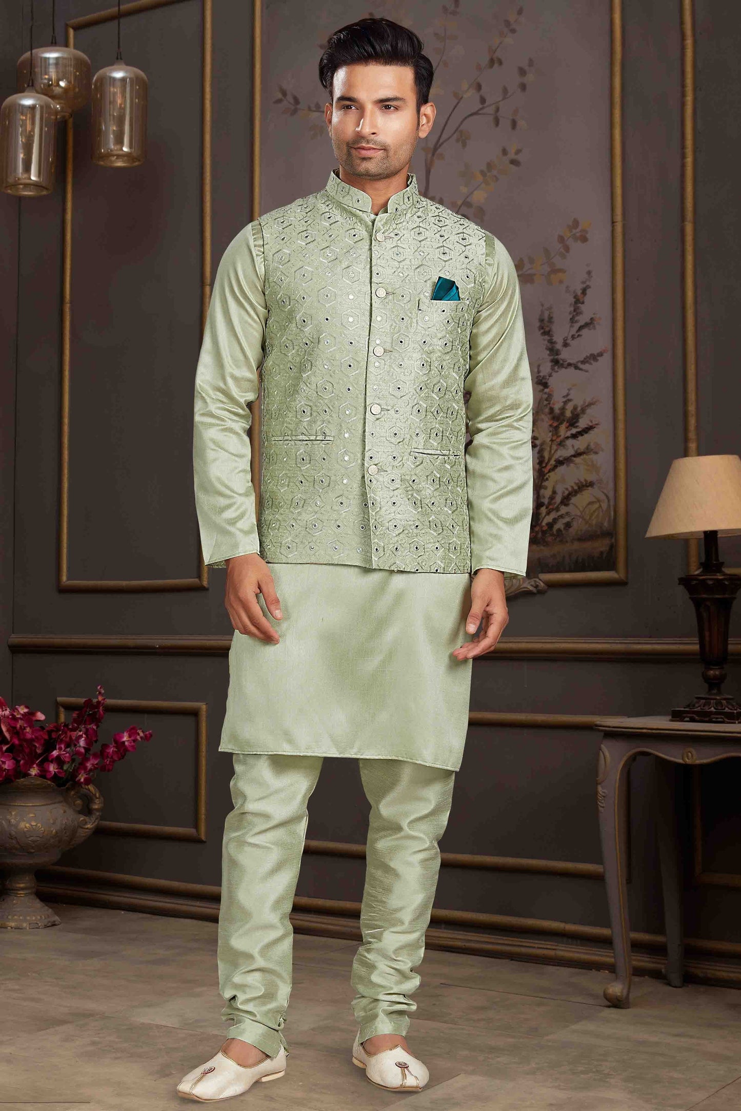 Pista Green Colour Kurta Pajama With Jacket In Silk Mastani KP1210443 A