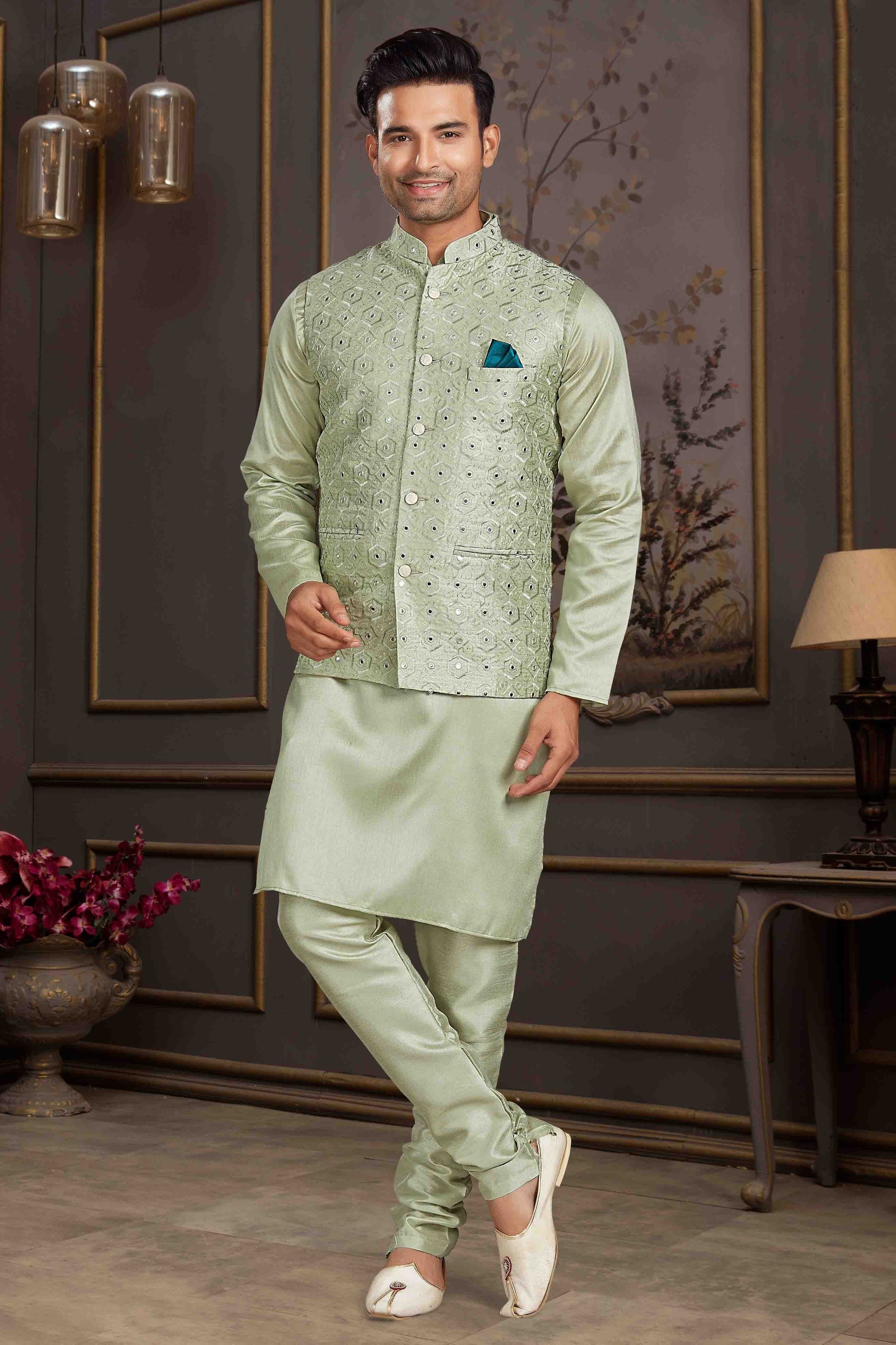 Pista Green Colour Kurta Pajama With Jacket In Silk Mastani KP1210443