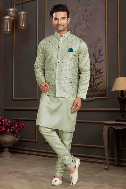 Pista Green Colour Kurta Pajama With Jacket In Silk Mastani KP1210443
