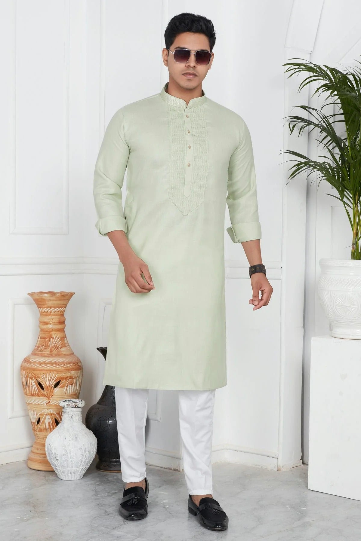 Pista Green Colour Linen Cotton Pintex Work Kurta Pajama KP1230123 A