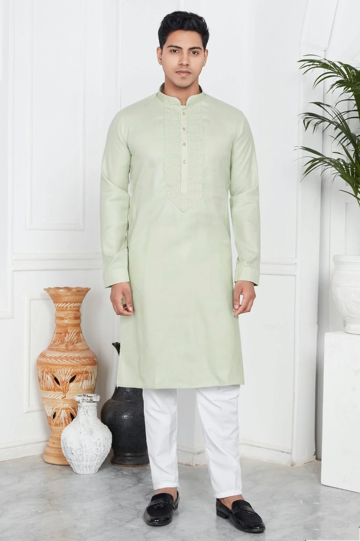 Pista Green Colour Linen Cotton Pintex Work Kurta Pajama KP1230123