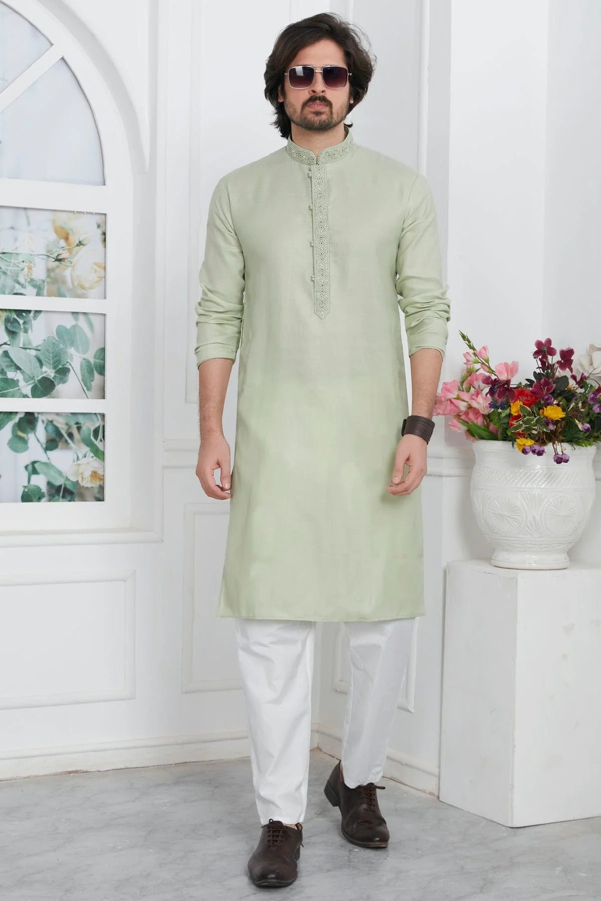 Pista Green Colour Linen Cotton Thread Work Kurta Pajama KP1230146 A