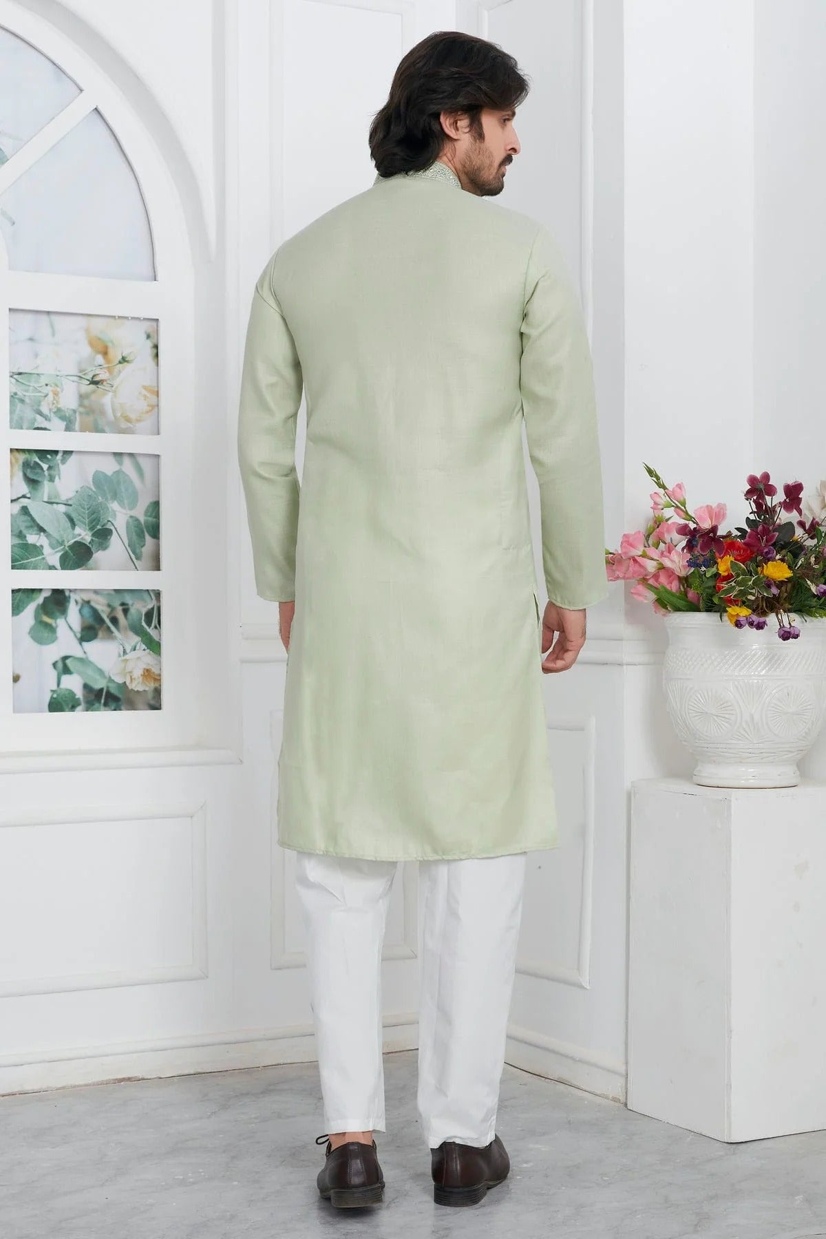 Pista Green Colour Linen Cotton Thread Work Kurta Pajama KP1230146 B