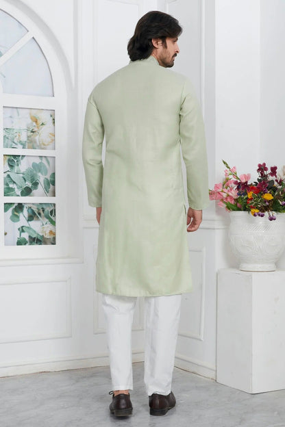 Pista Green Colour Linen Cotton Thread Work Kurta Pajama KP1230146 B