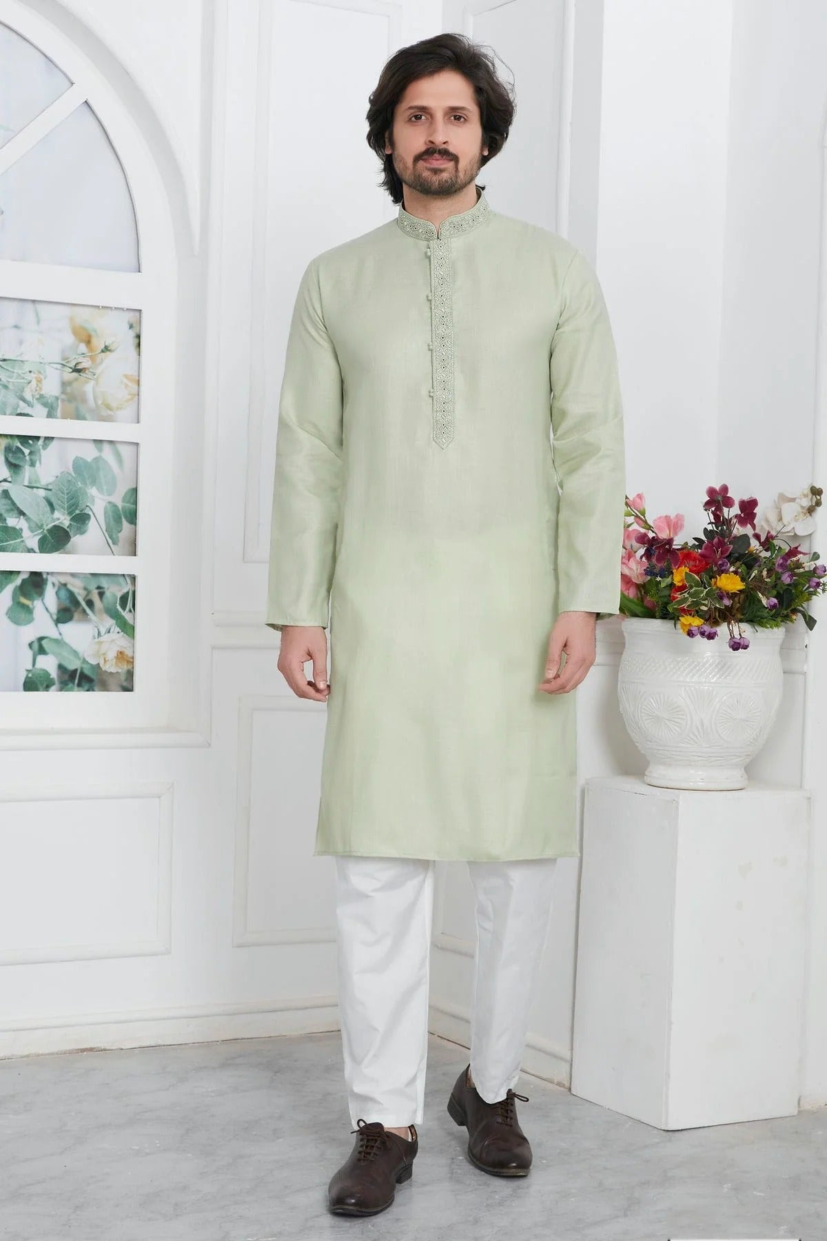 Pista Green Colour Linen Cotton Thread Work Kurta Pajama KP1230146