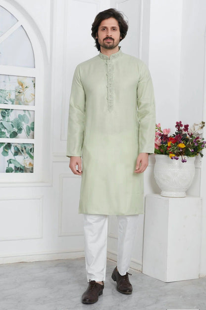 Pista Green Colour Linen Cotton Thread Work Kurta Pajama KP1230146