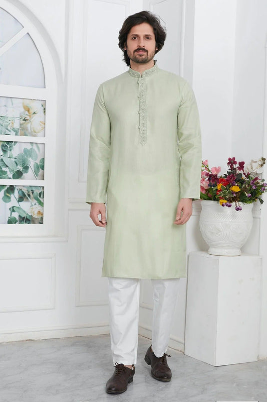 Pista Green Colour Linen Cotton Thread Work Kurta Pajama KP1230146