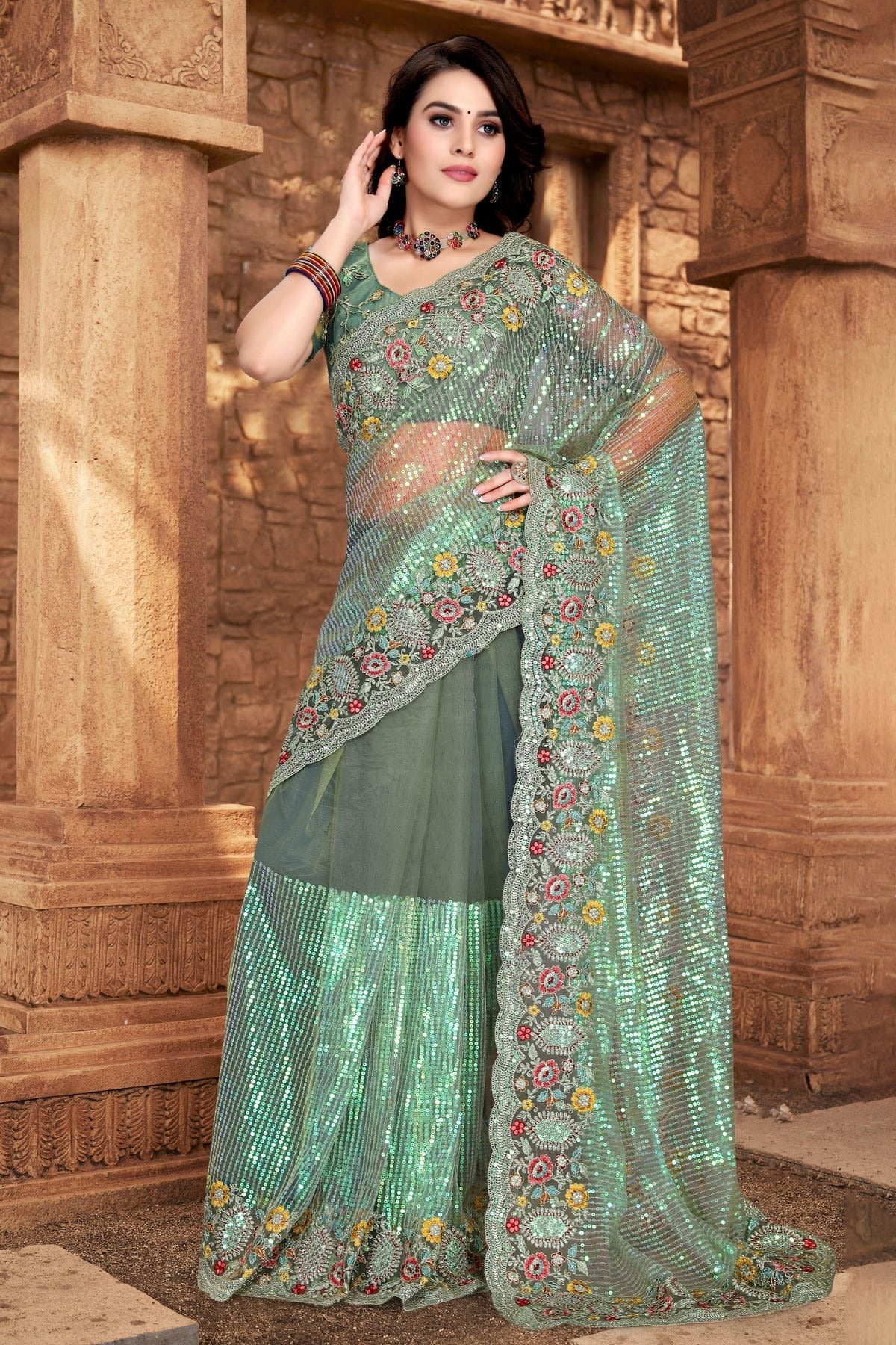 Pista Green Colour Net Designer Saree LC1121329