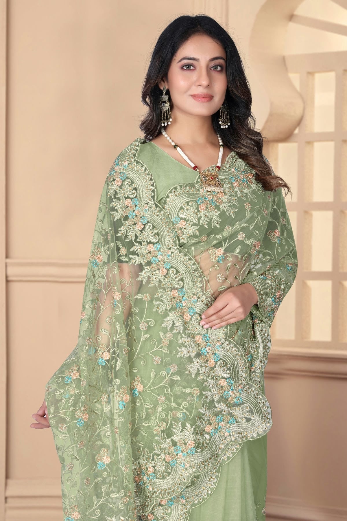 Pista Green Colour Net Designer Saree SD1091087 A