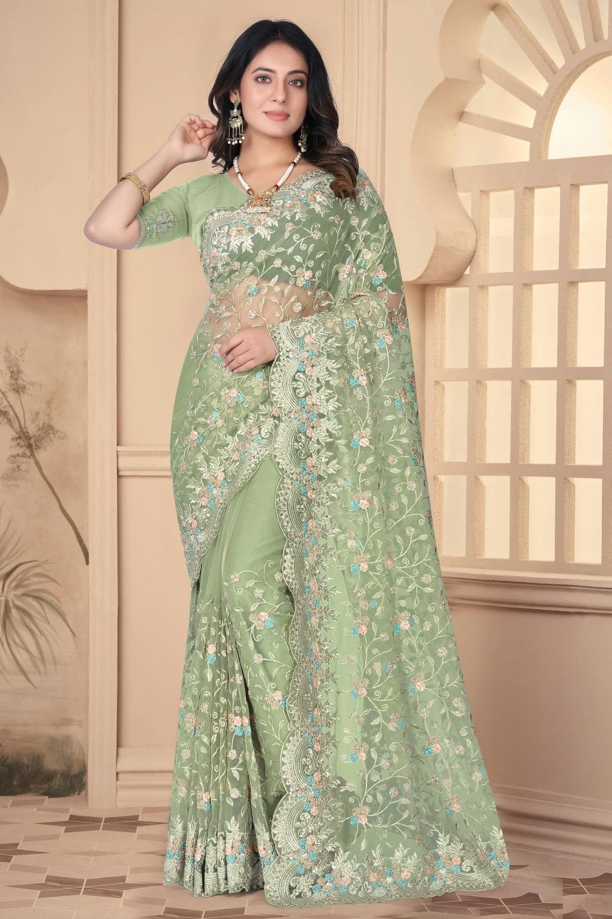 Pista Green Colour Net Designer Saree SD1091087