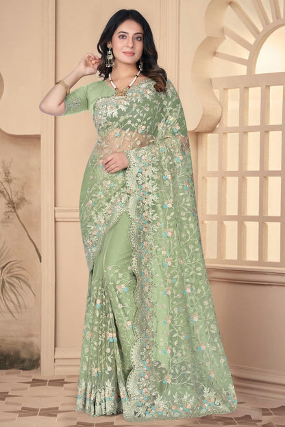 Pista Green Colour Net Designer Saree SD1091087