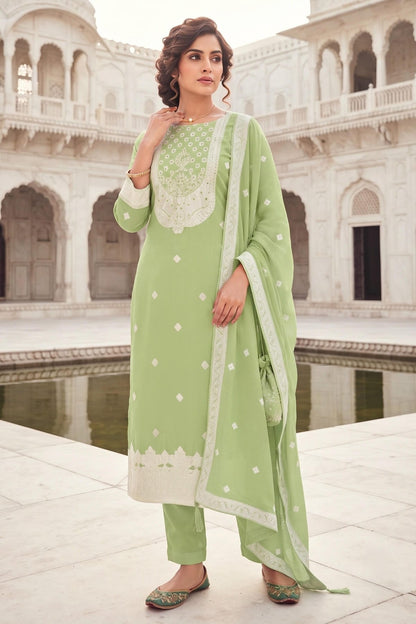 Pista Green Colour Organza Embroidery Work Pant Style Suit
