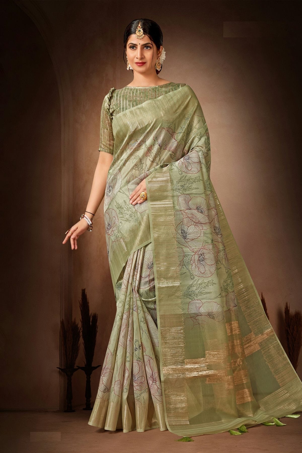 Pista Green Colour Organza Printed Saree LC1121587