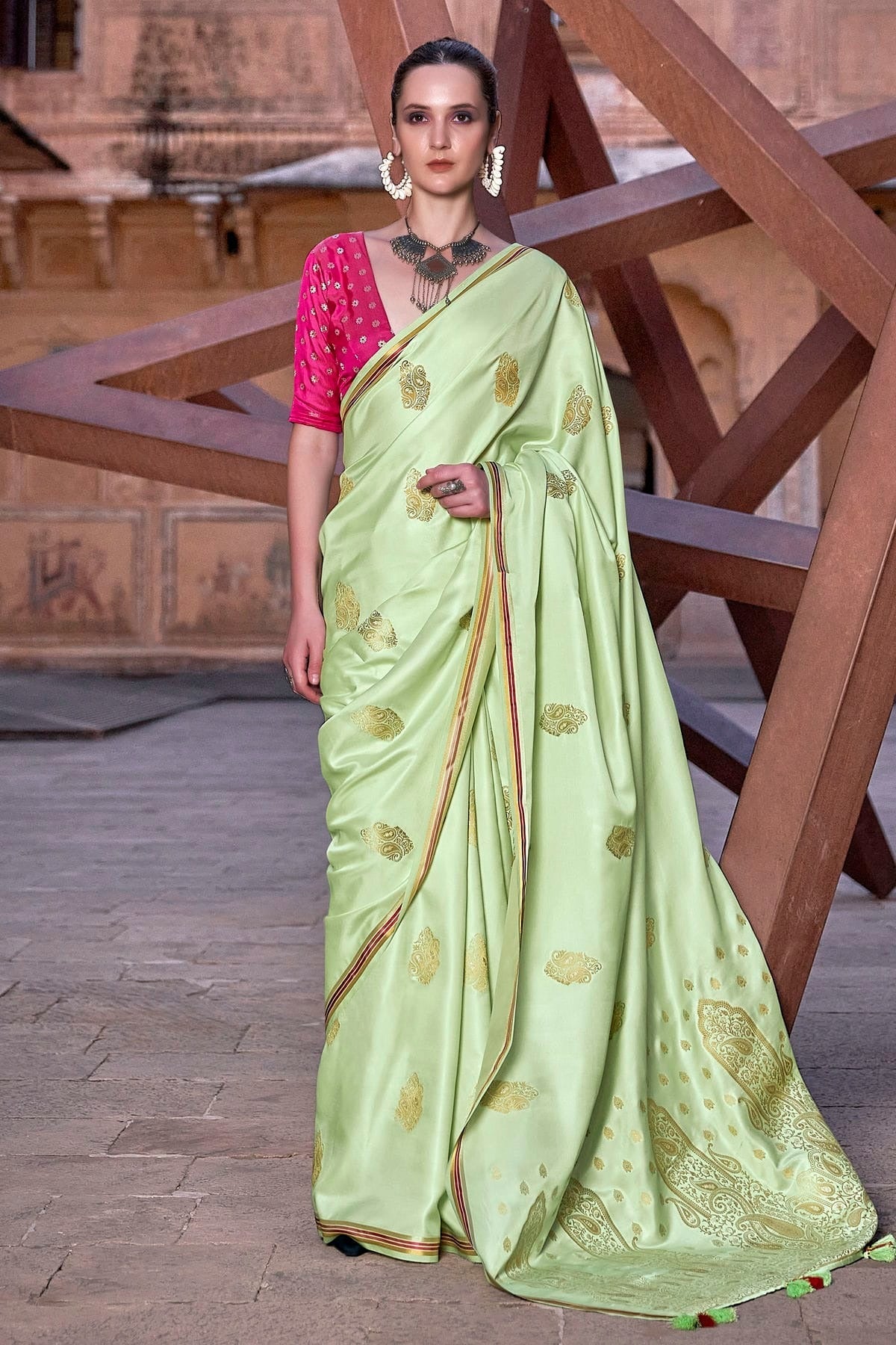 Pista Green Colour Satin Silk Saree SD1110188