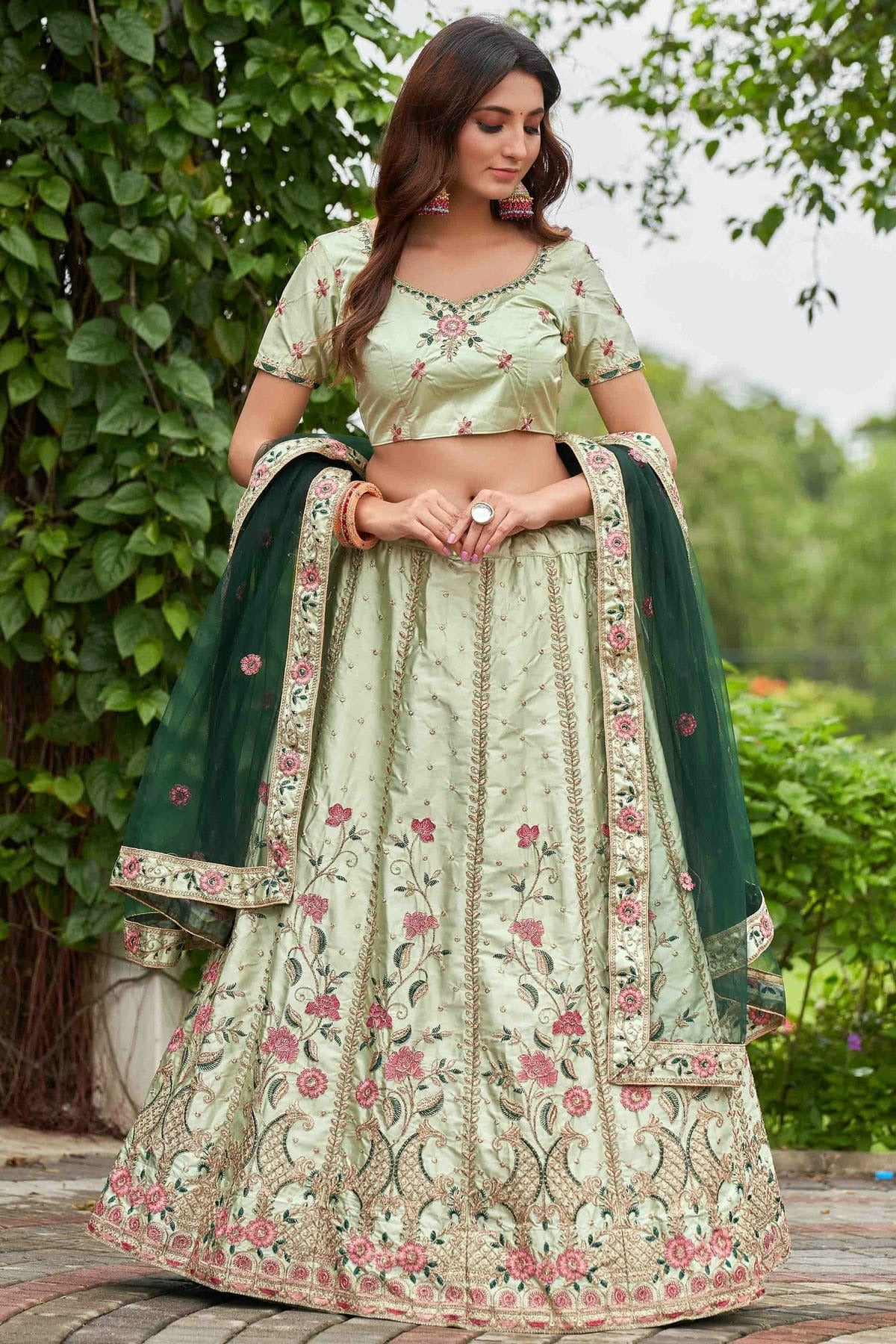 Pista Green Colour Satin Silk Semi Stitched Lehenga Choli LC1170075 A