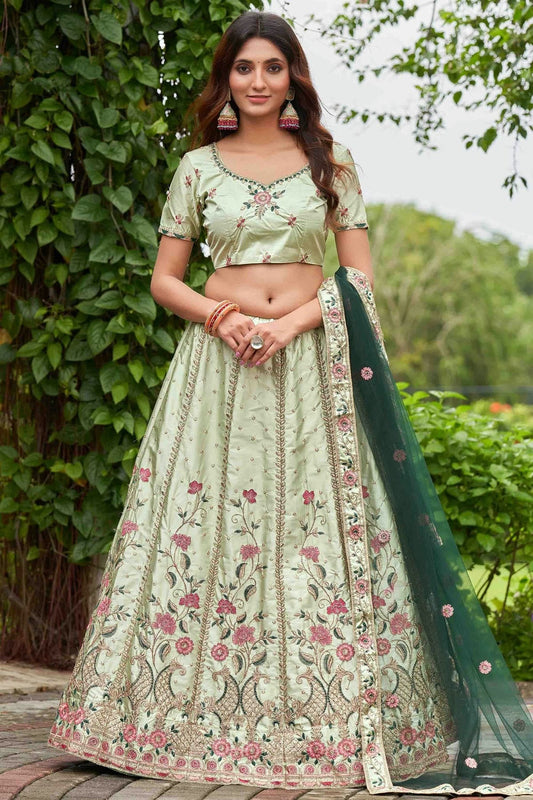 Pista Green Colour Satin Silk Semi Stitched Lehenga Choli LC1170075