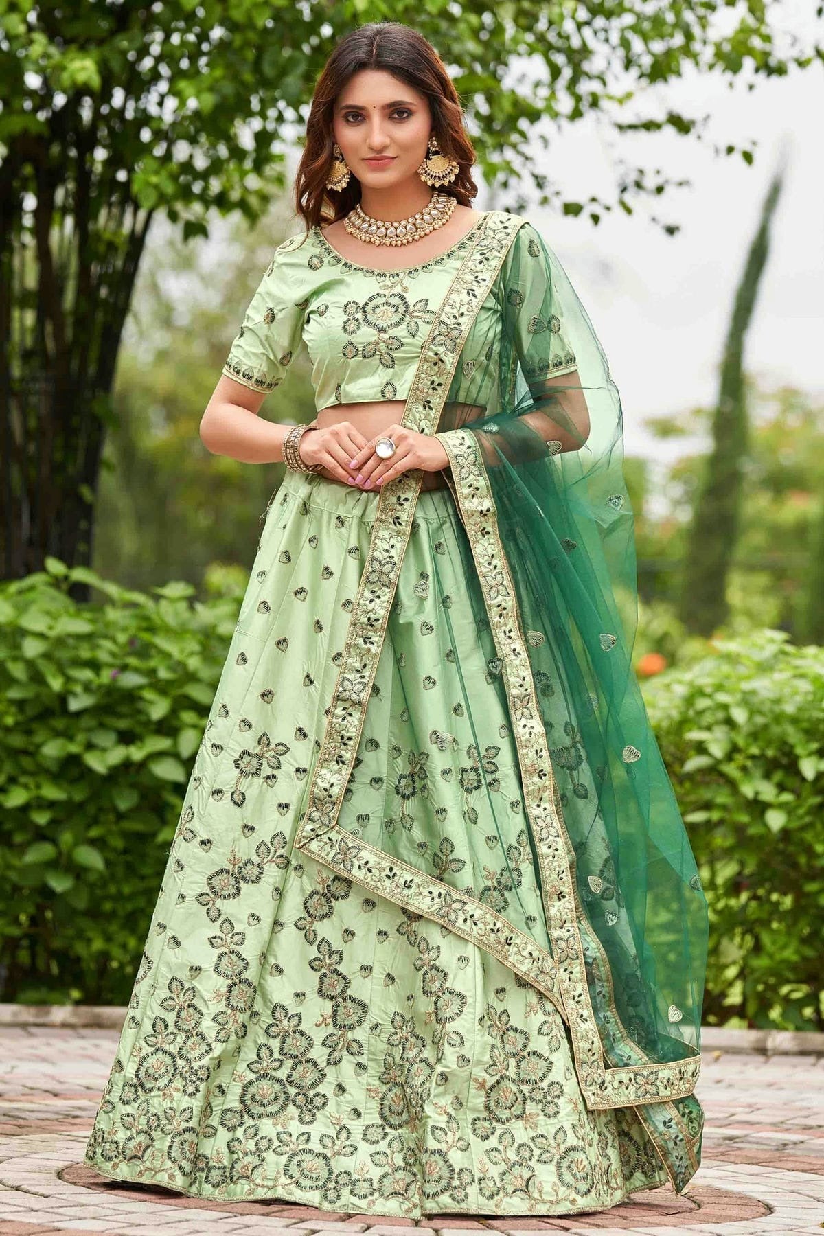 Pista Green Colour Satin Silk Semi Stitched Lehenga Choli LC1170078
