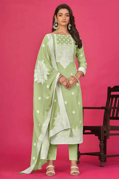 Pista Green Colour Semi Stitched Jacquard Straight Suit SM1140195