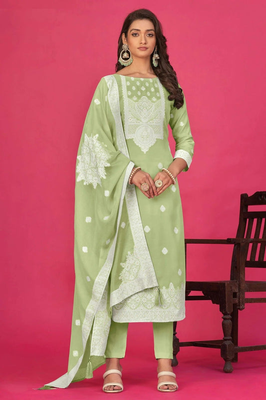 Pista Green Colour Semi Stitched Jacquard Straight Suit SM1140195