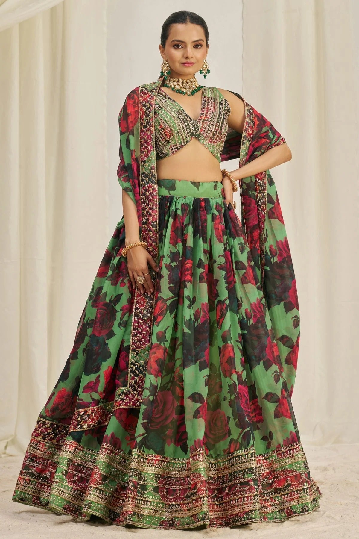 Pista Green Colour Semi Stitched Organza Lehenga Choli LC1080899