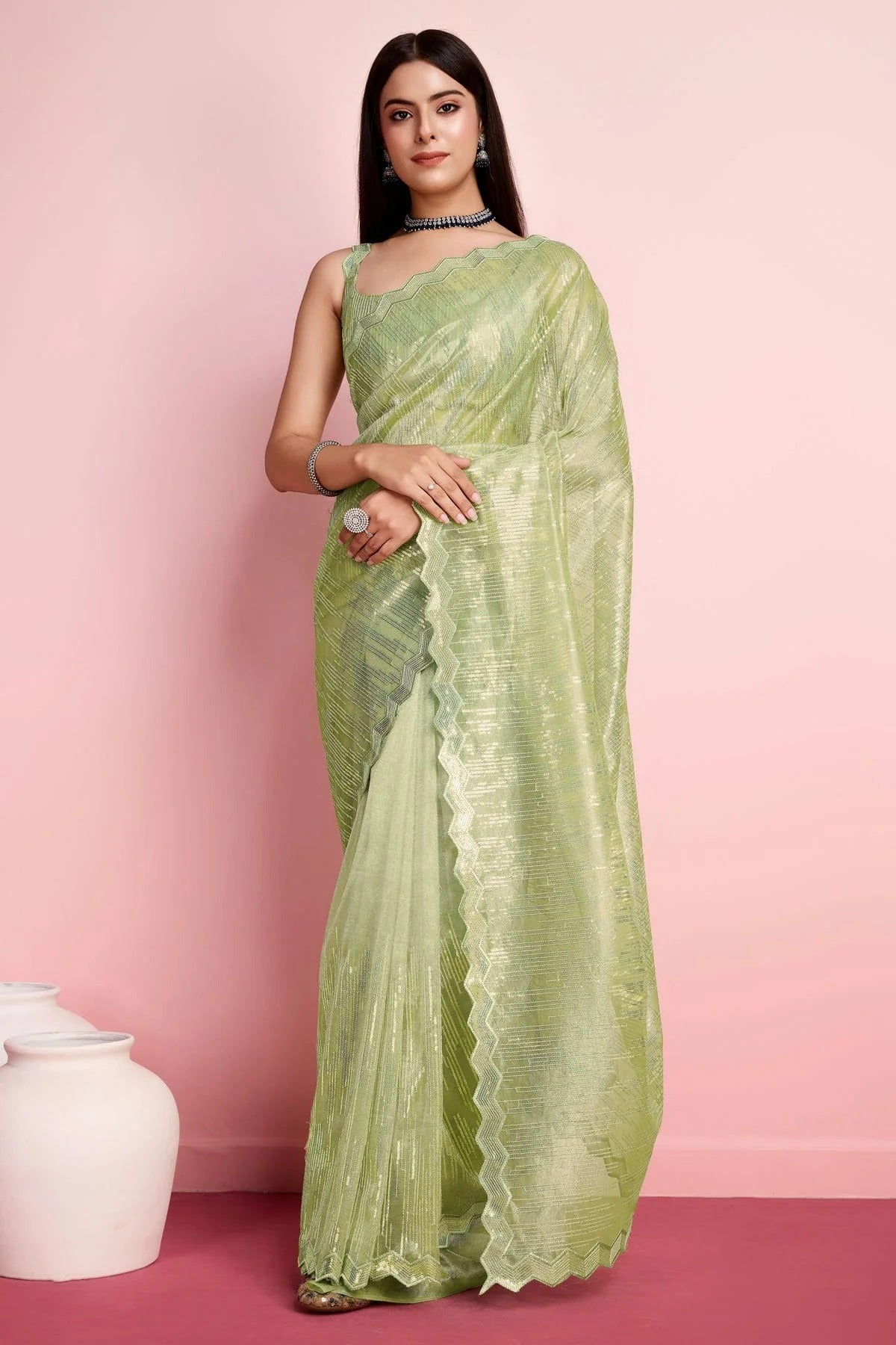 Pista Green Colour Silver Twill Net Saree SD1110495
