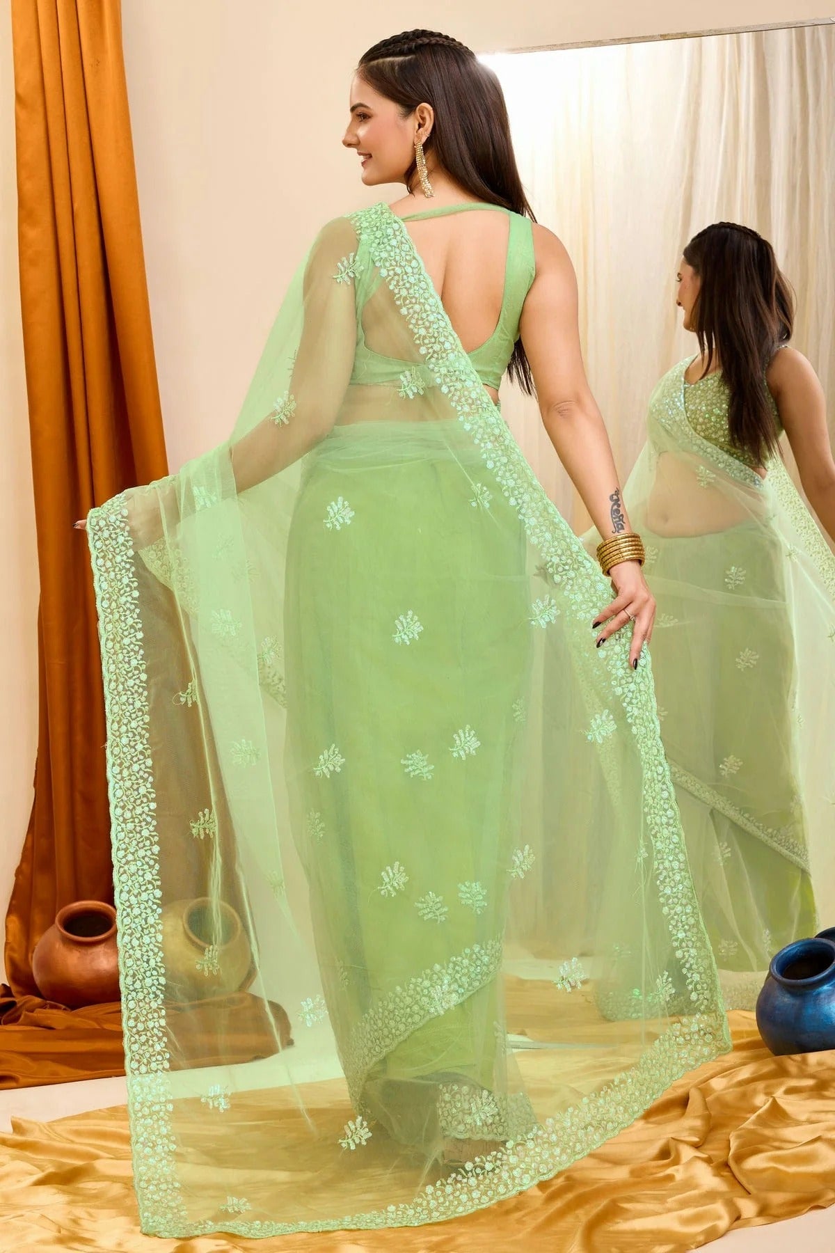 Pista Green Colour Soft Net Saree SD1110408 A