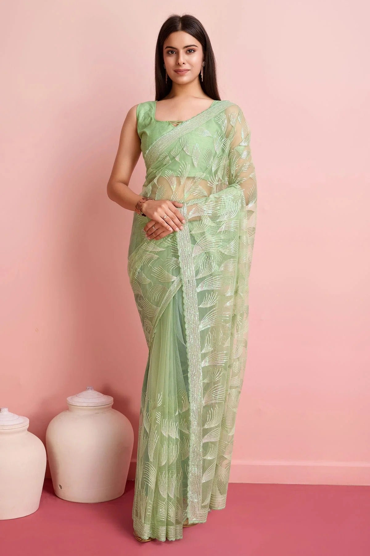 Pista Green Colour Soft Net Saree SD1110448