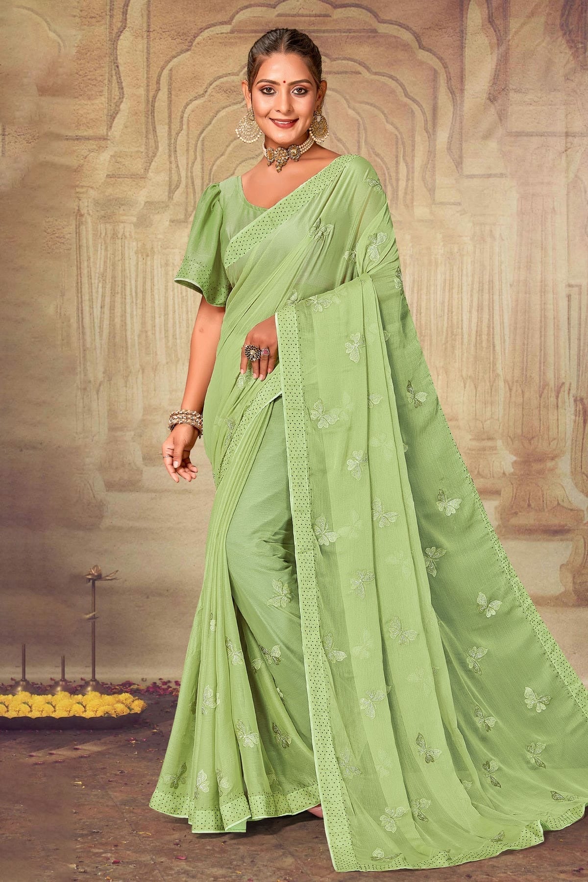 Pista Green Colour Soft Silk Chiffon Designer Saree LC1121526