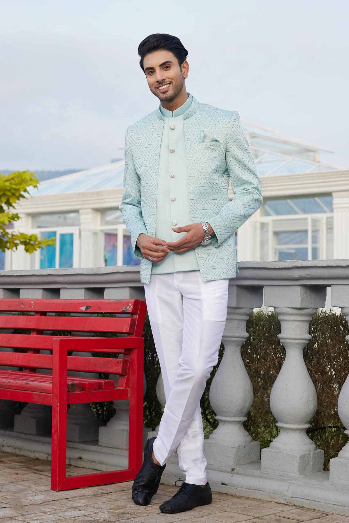 Pista Green Colour Thread Work Embroidery Art Silk 3 Pcs Jacket Jodhpuri JP1230637