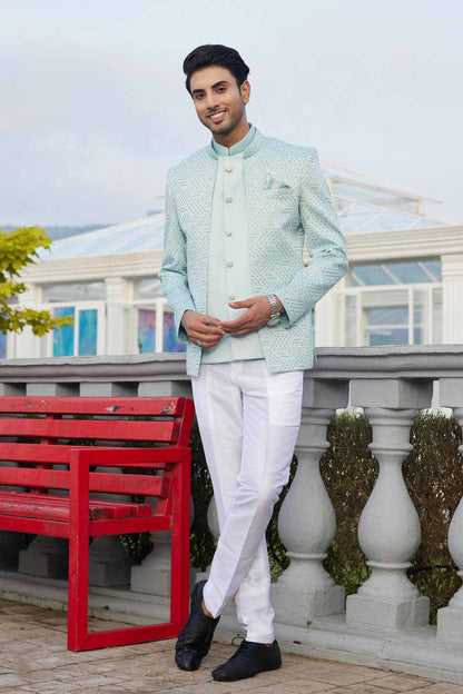 Pista Green Colour Thread Work Embroidery Art Silk 3 Pcs Jacket Jodhpuri JP1230637