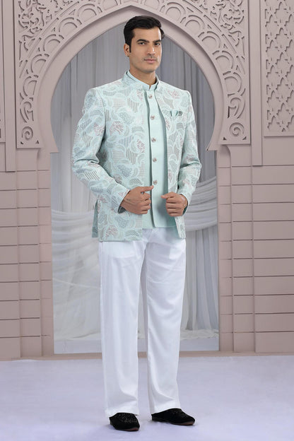 Pista Green Colour Thread Work Embroidery Art Silk 3 Pcs Jacket Jodhpuri