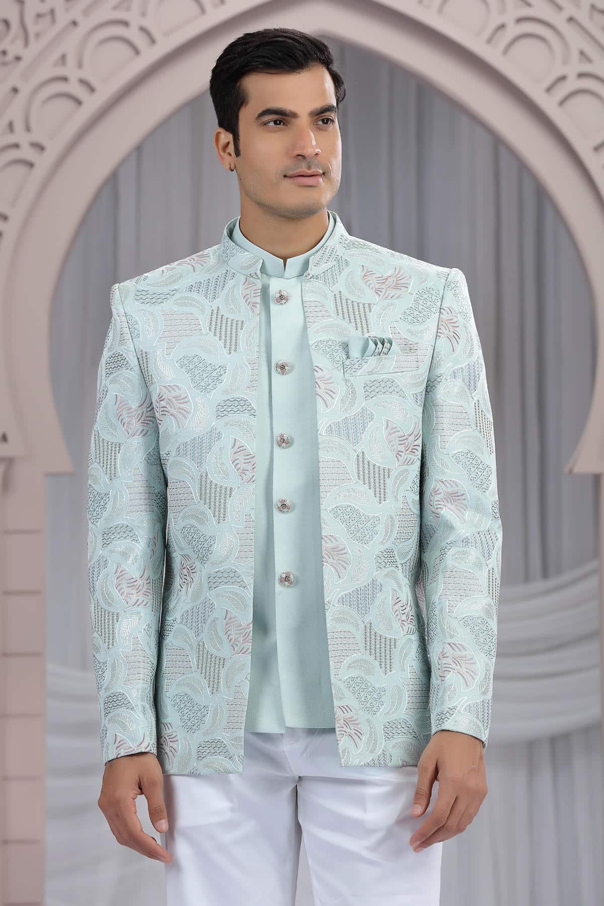 Pista Green Colour Thread Work Embroidery Art Silk 3 Pcs Jacket Jodhpuri