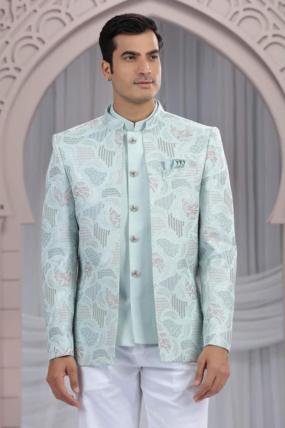 Pista Green Colour Thread Work Embroidery Art Silk 3 Pcs Jacket Jodhpuri
