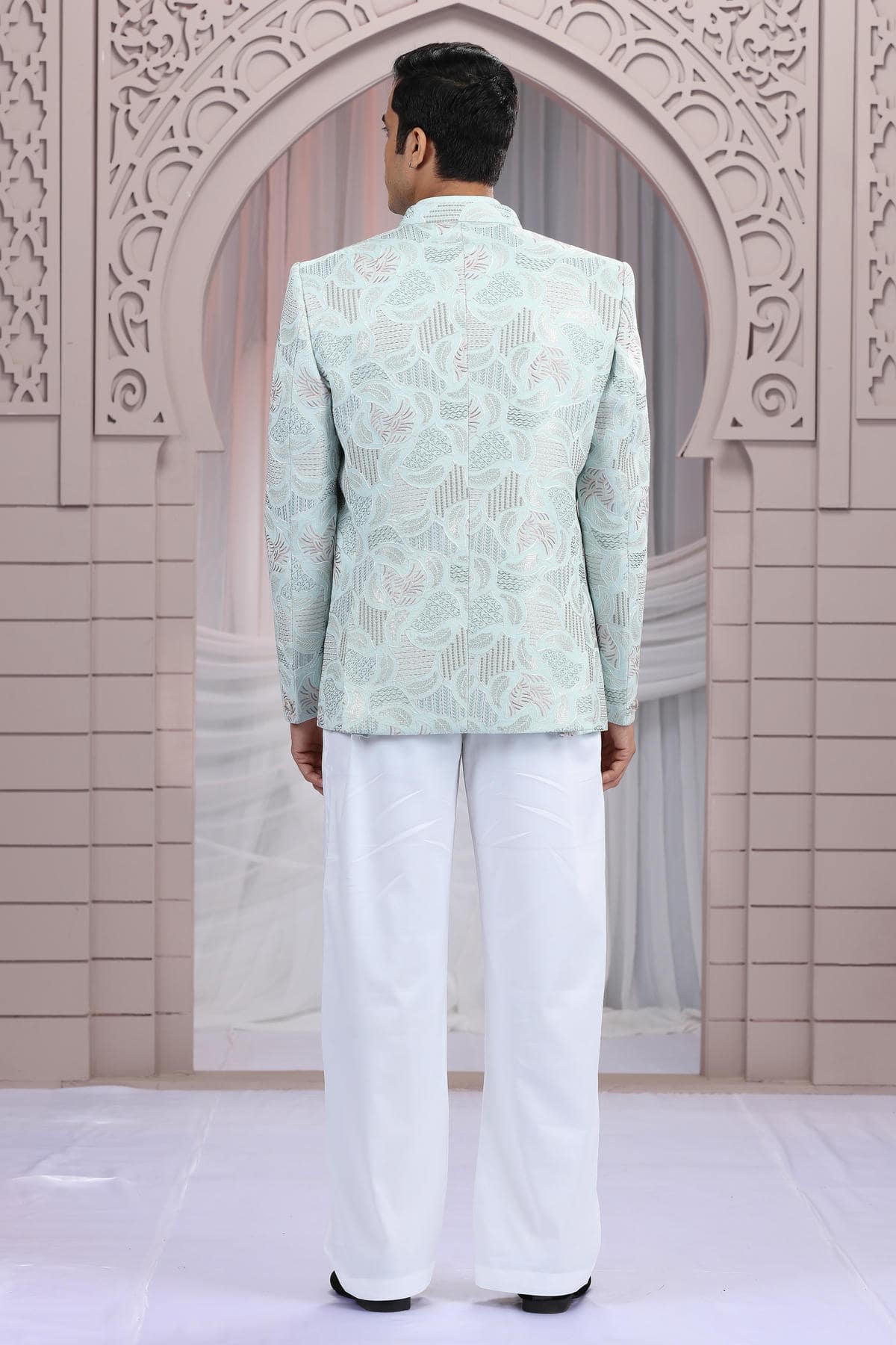 Pista Green Colour Thread Work Embroidery Art Silk 3 Pcs Jacket Jodhpuri