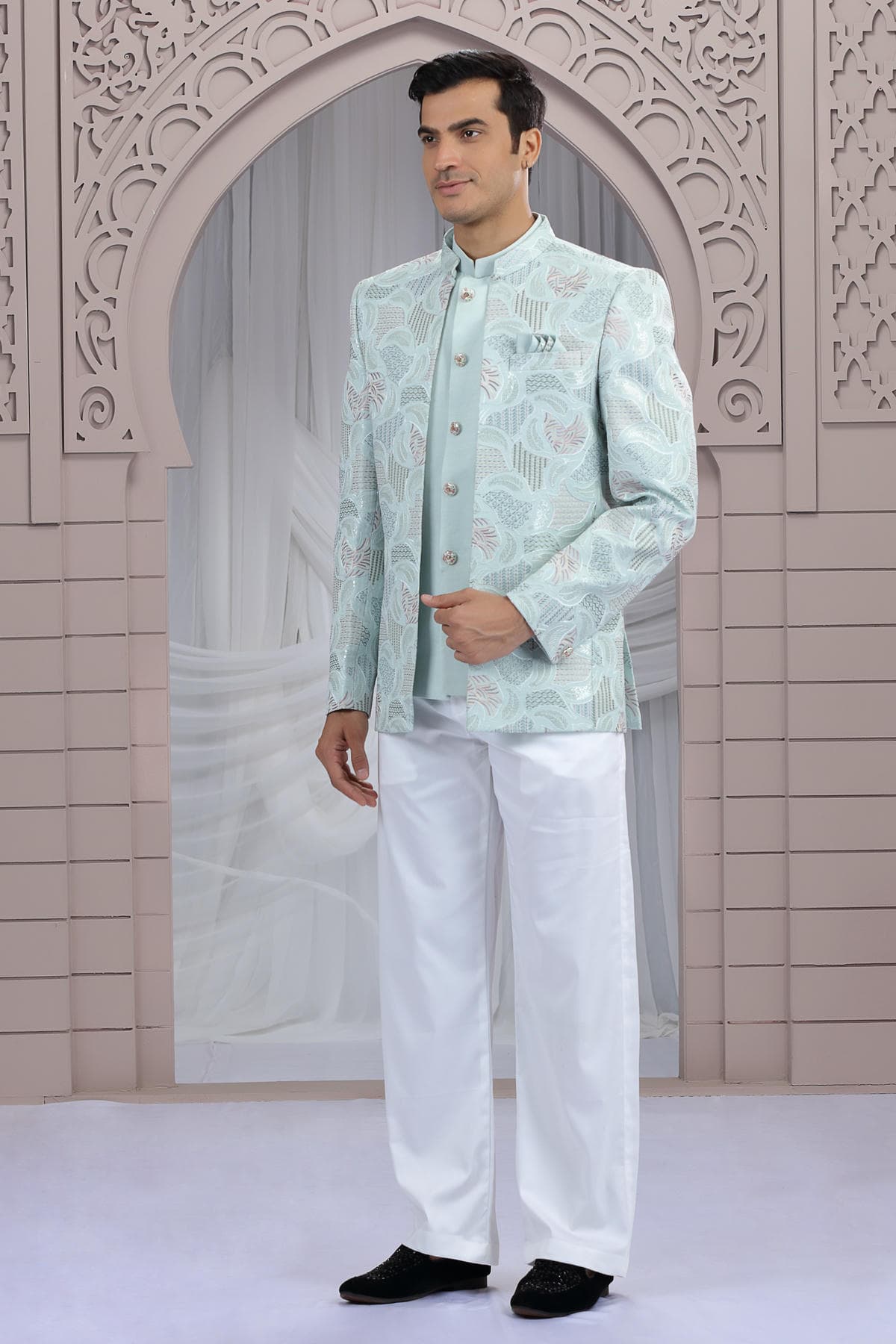 Pista Green Colour Thread Work Embroidery Art Silk 3 Pcs Jacket Jodhpuri