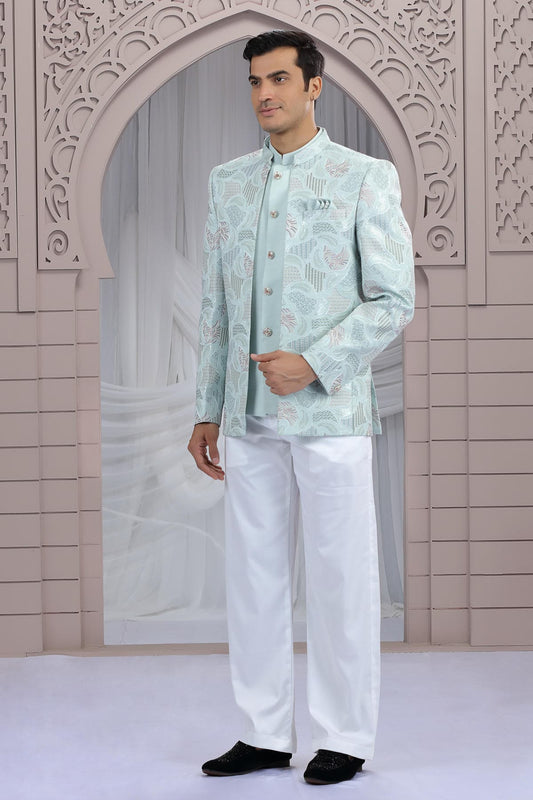 Pista Green Colour Thread Work Embroidery Art Silk 3 Pcs Jacket Jodhpuri