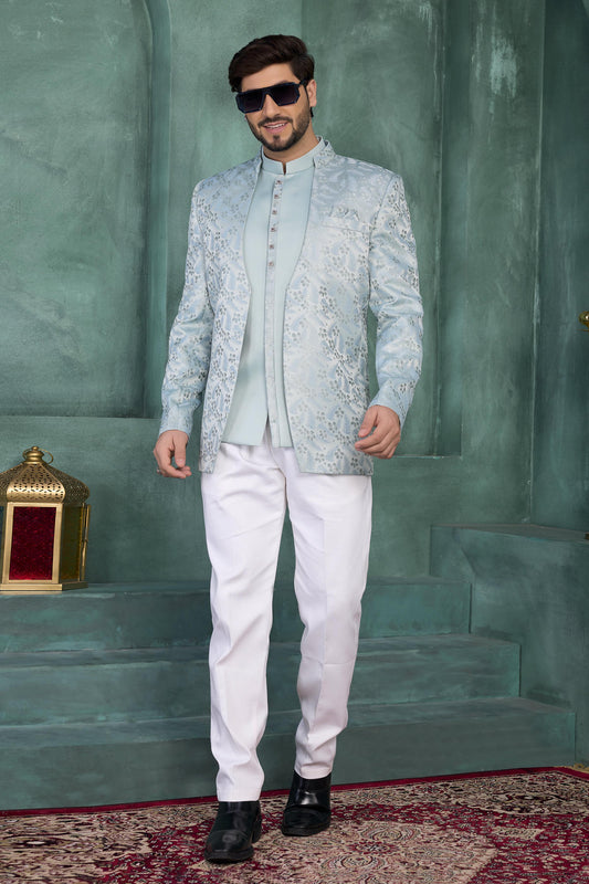 Pista Green Colour Thread Work Embroidery Jacquard Silk Jodhpuri