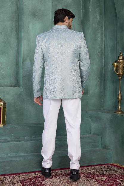 Pista Green Colour Thread Work Embroidery Jacquard Silk Jodhpuri