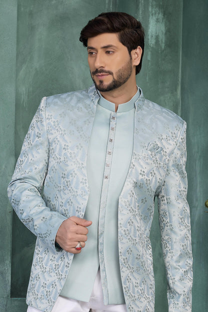 Pista Green Colour Thread Work Embroidery Jacquard Silk Jodhpuri